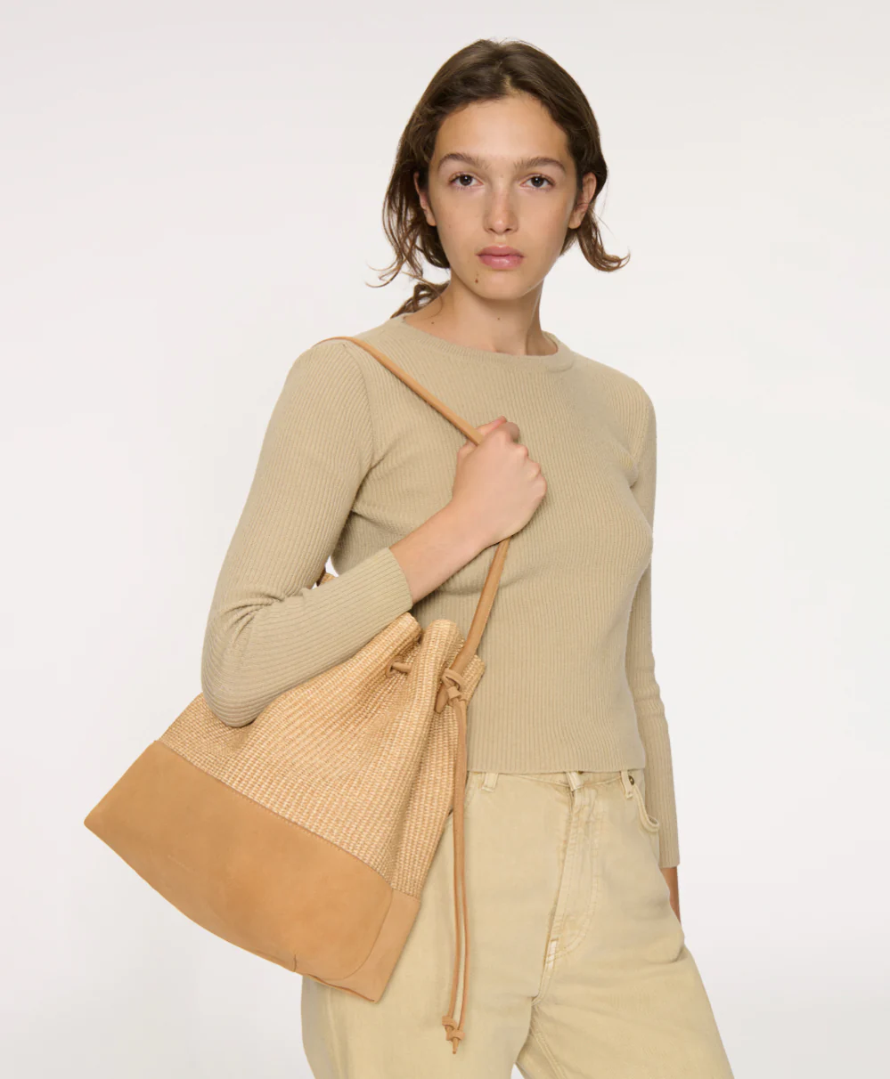 Drawstring Cabas - Natural Raffia/Budino Suede - Image 2