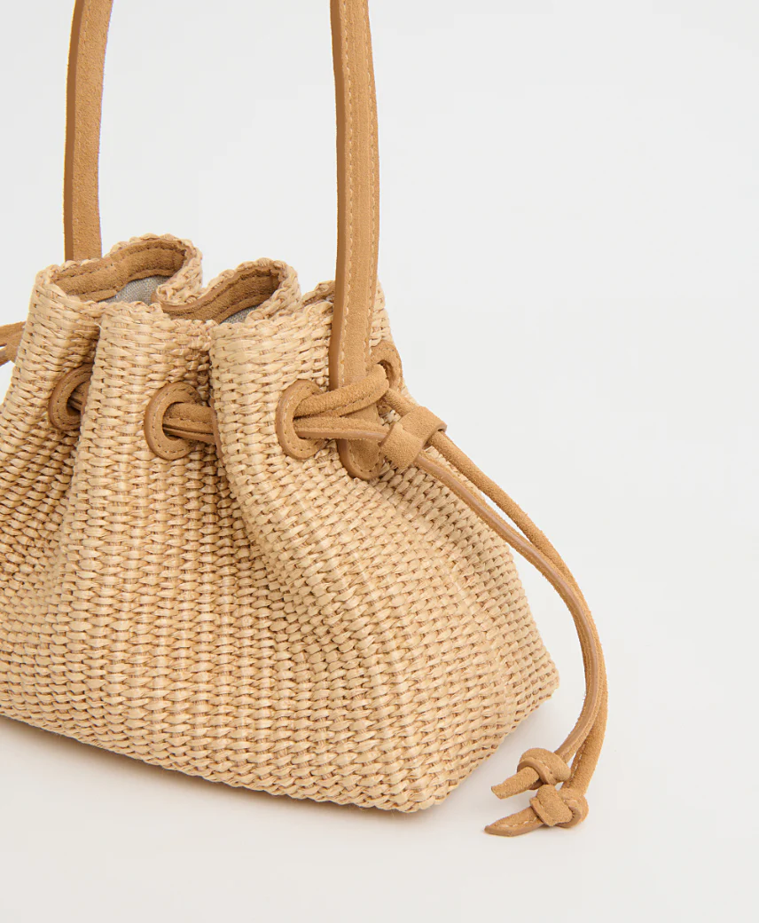 Drawstring Pouchette - Natural Raffia/Budino Suede - Image 3
